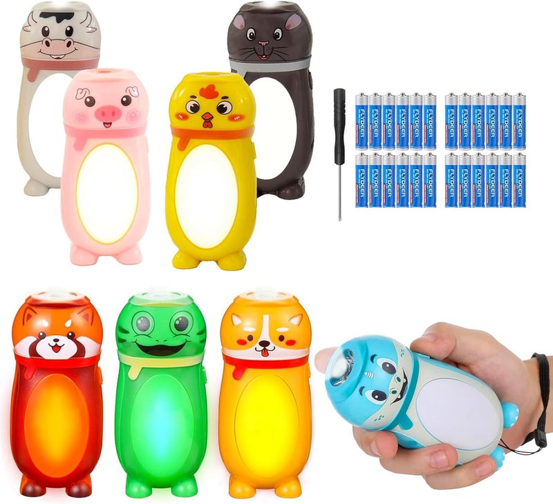 Hilngav 8 Pack Small Mini LED Flashlights for Kids Cute Animal AAA Flashlight Bulk- 2 in 1 Lantern Flashlight - Christmas Gifts Stocking Stuffers for Camping for Girls Boys Toddlers Halloween Gifts - Image 1